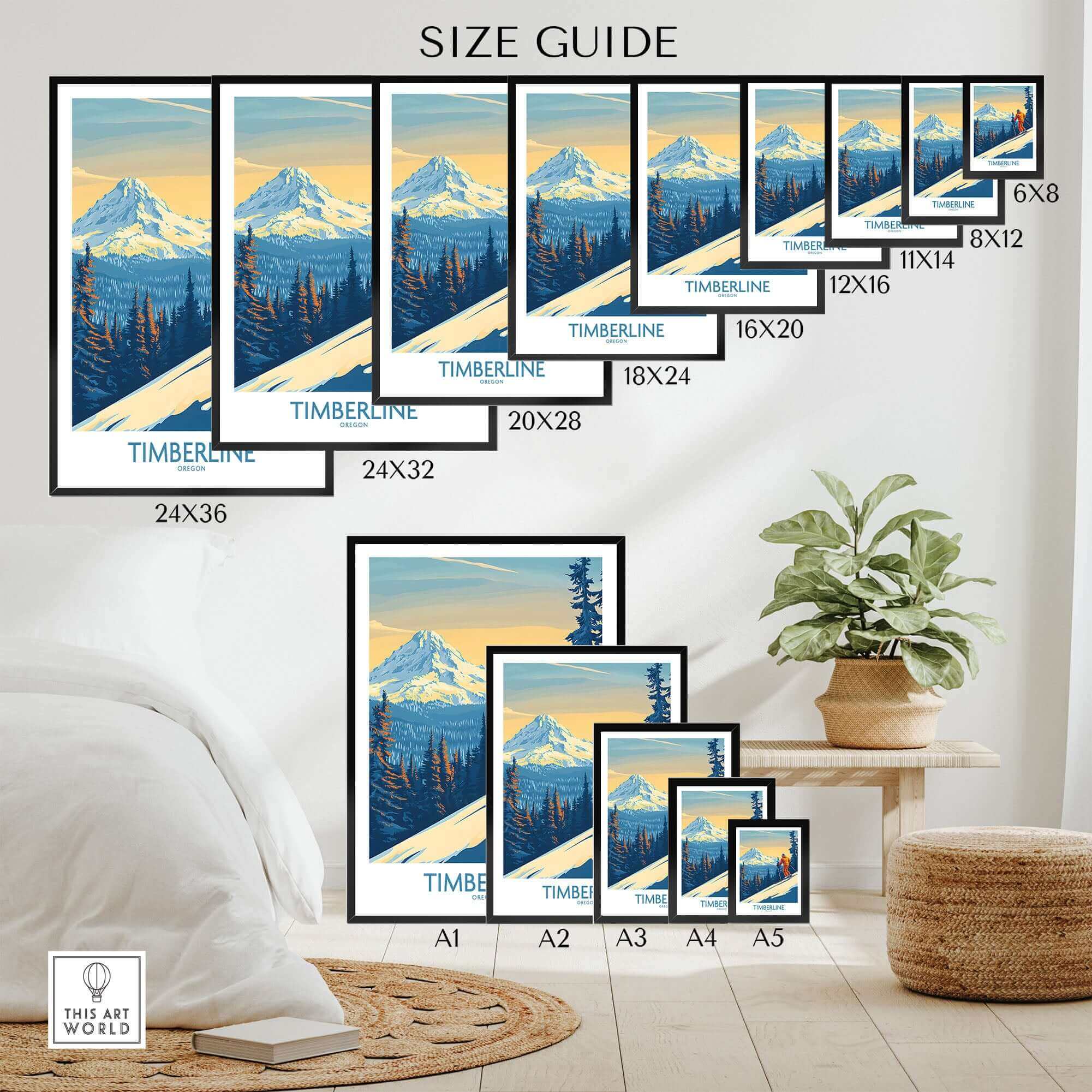 Timberline Wall Art Ski Poster size guide showcasing various print sizes in a stylish room setting.