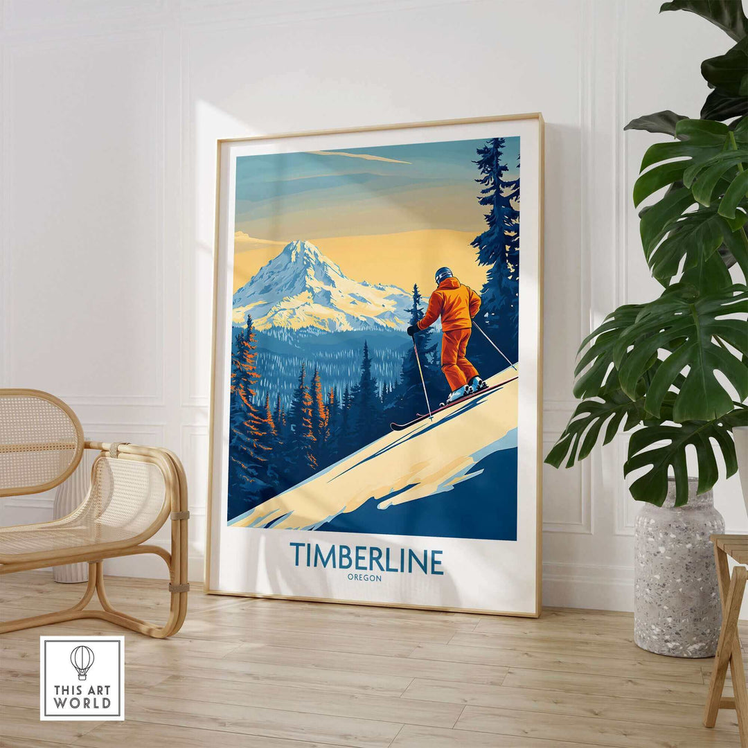 Vintage Timberline wall art ski poster featuring skier on snowy slope with mountain background, framed in stylish modern room.