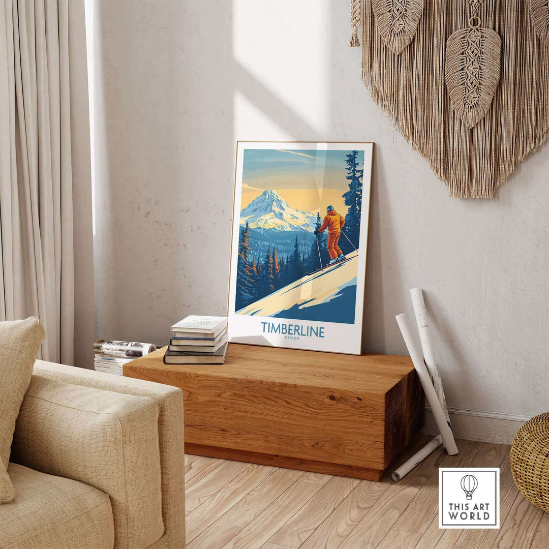 Timberline wall art ski poster on wooden bench in cozy living room setting.