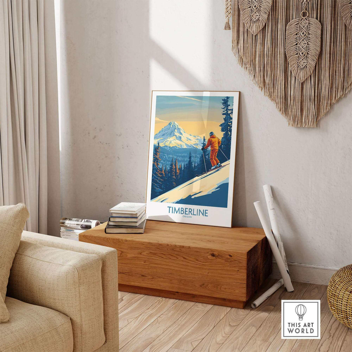 Timberline Wall Art Ski Poster displayed in a cozy living room with mountains and skier theme.