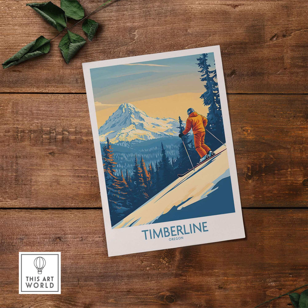 Vintage Timberline ski poster on rustic wooden table, featuring skier with Mount Hood backdrop. Perfect wall art for ski enthusiasts.