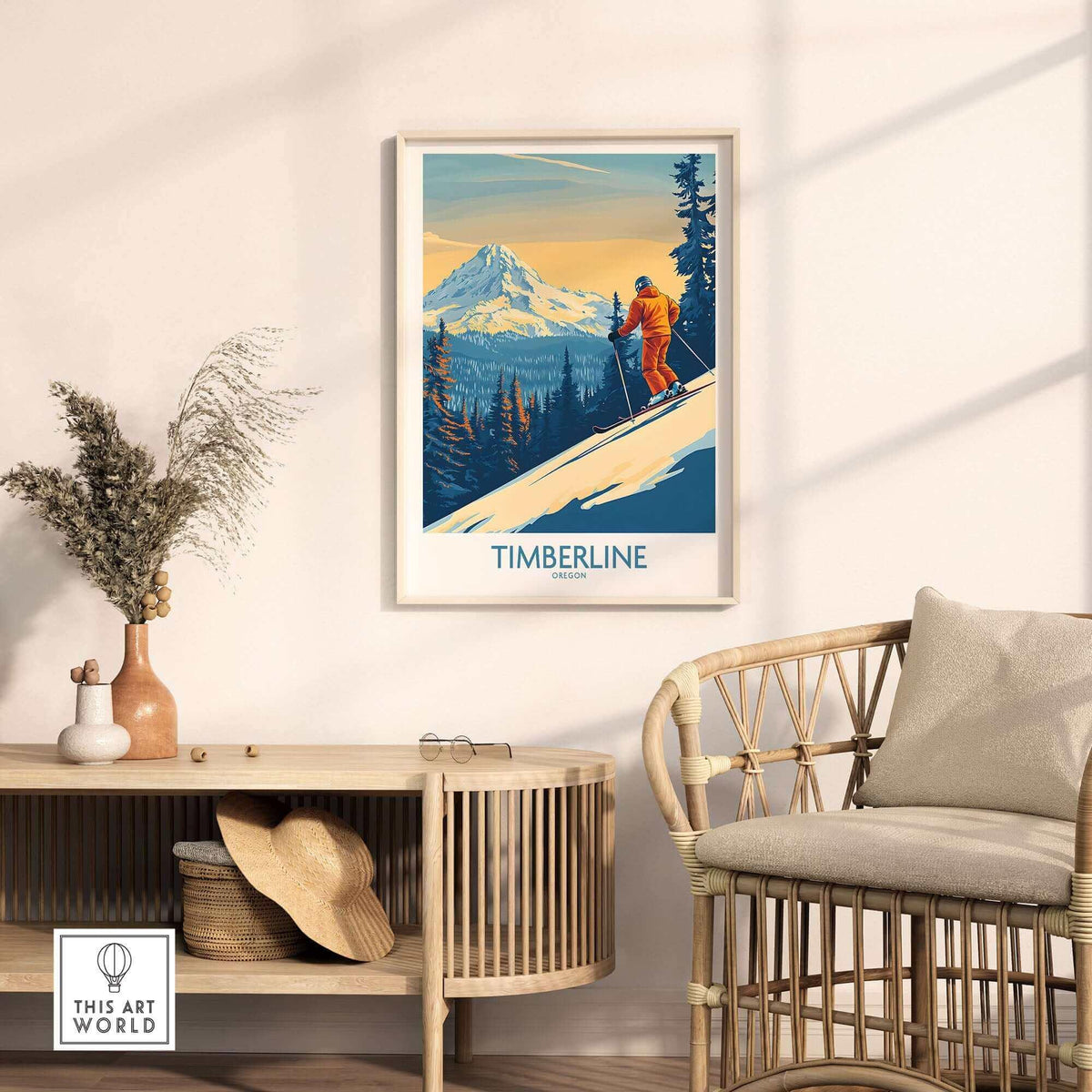 Timberline Wall Art Ski Poster featuring a skier on a snowy slope with a mountain backdrop in a stylish living room setting.