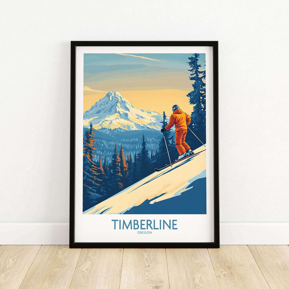 Timberline wall art ski poster featuring a skier on a mountain slope with a scenic view of snow-capped peaks and forest.