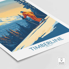 Timberline Wall Art Ski Poster of a skier in an orange suit against a mountainous backdrop in Oregon.
