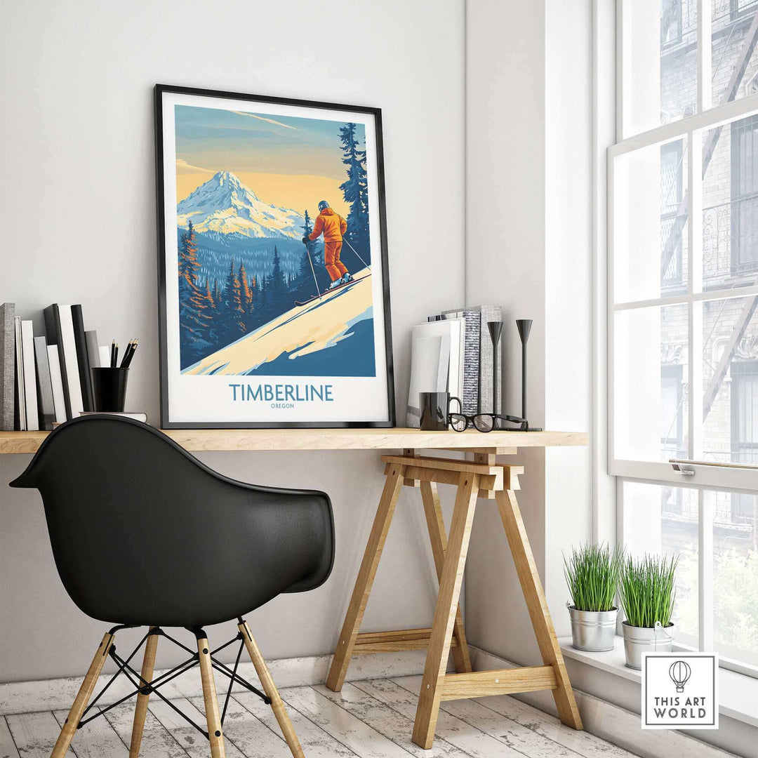 Modern office with framed Timberline ski poster wall art, featuring a scenic mountain view, enhancing a stylish interior design.