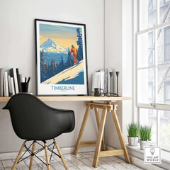 Timberline Wall Art Ski Poster displayed in a bright room with a black chair and wooden table.
