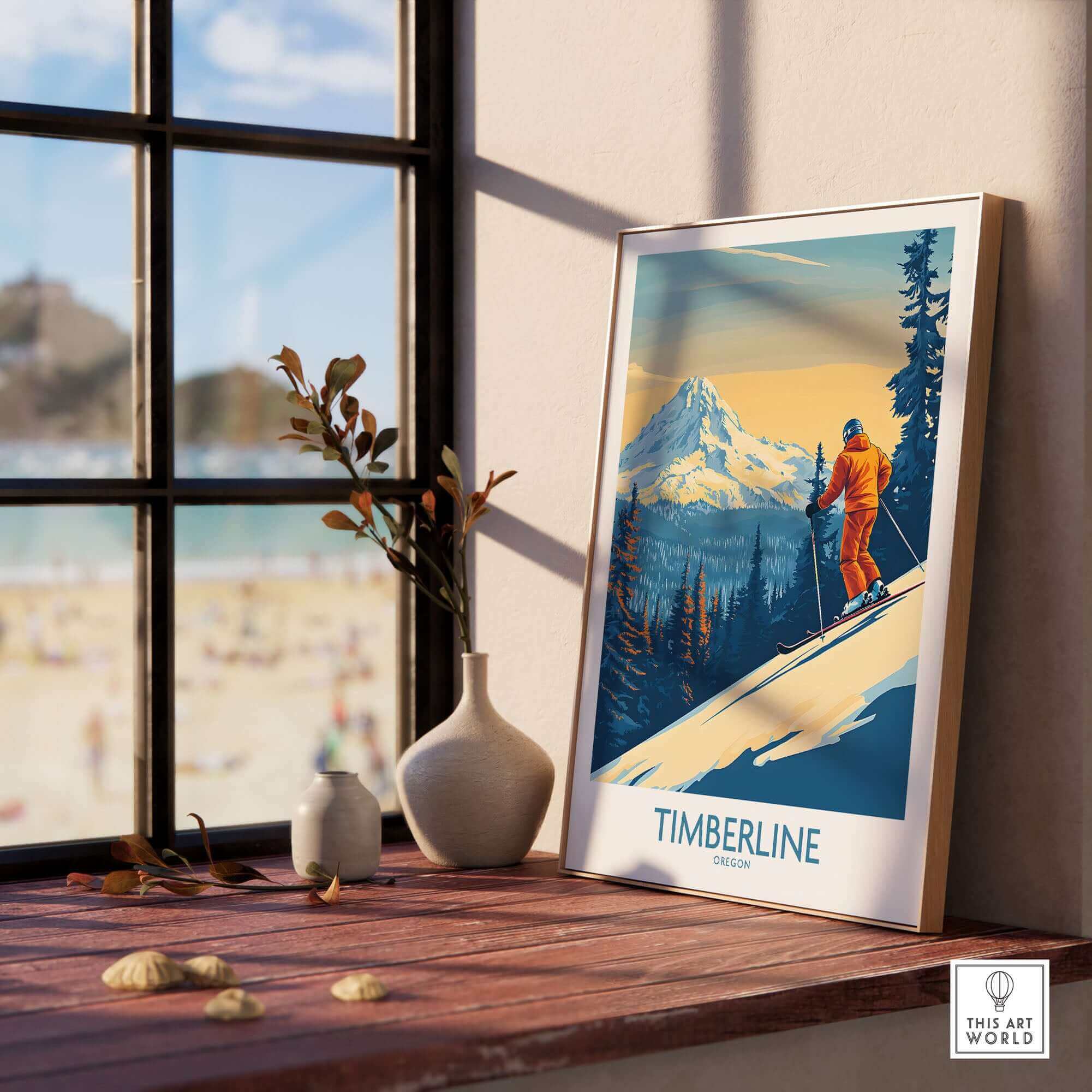 Timberline Wall Art Ski Poster framed by a window, showcasing skiing beauty and adventure in a stylish interior.