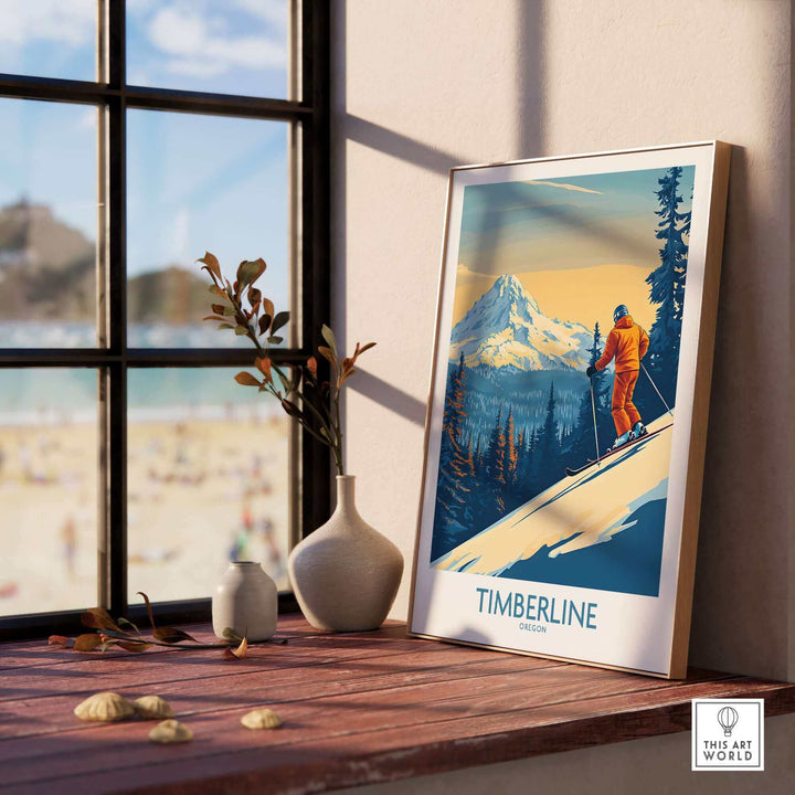 Timberline wall art ski poster displayed in a sunlit room with a mountain scene, perfect for nature lovers and ski enthusiasts.