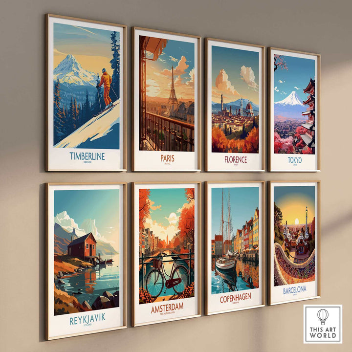 Wall display featuring Timberline, Paris, Florence, Tokyo, Reykjavik, Amsterdam, Copenhagen, and Barcelona art posters.