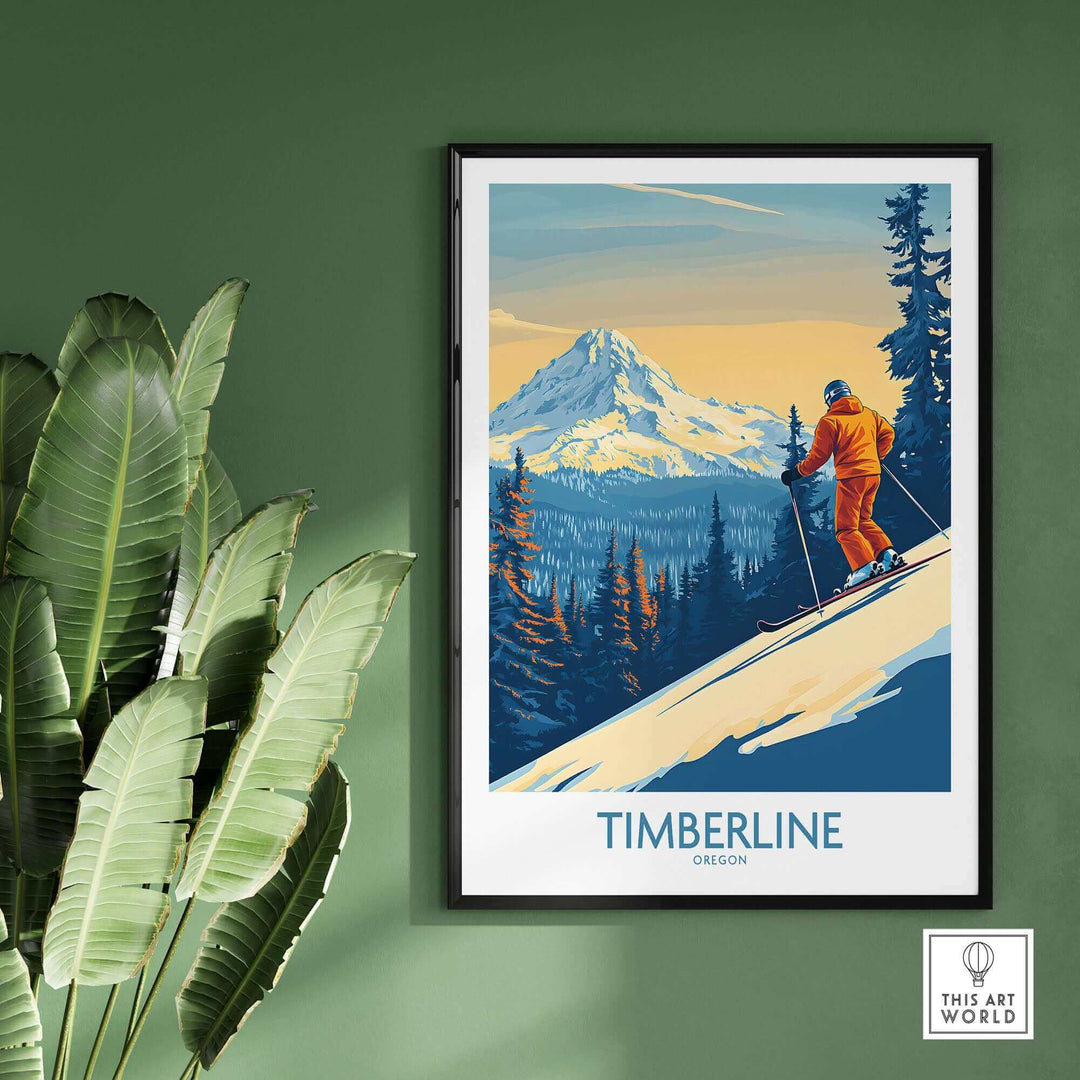 Vintage Timberline ski poster wall art featuring a skier against Mt. Hood backdrop with lush green plants nearby.