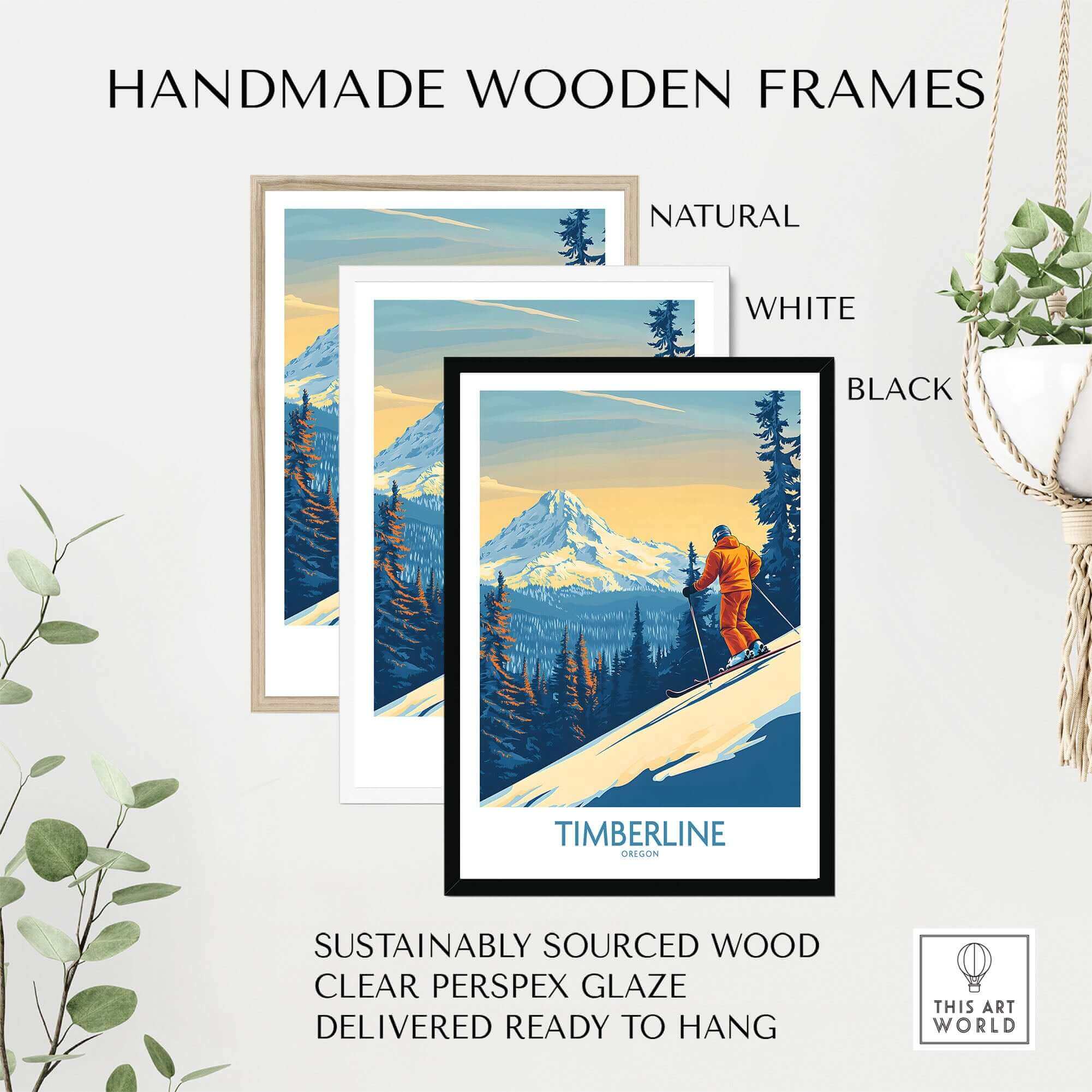 Timberline Wall Art Ski Poster framed in natural, white, and black handmade frames with clear perspex glaze.