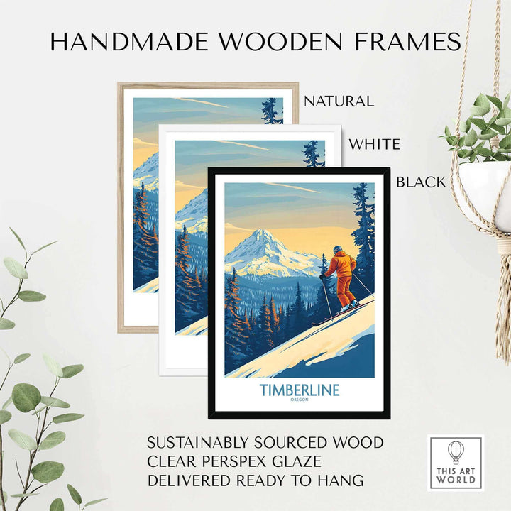 Timberline wall art ski poster in handmade wooden frames, available in natural, white, and black. Eco-friendly, ready to hang.