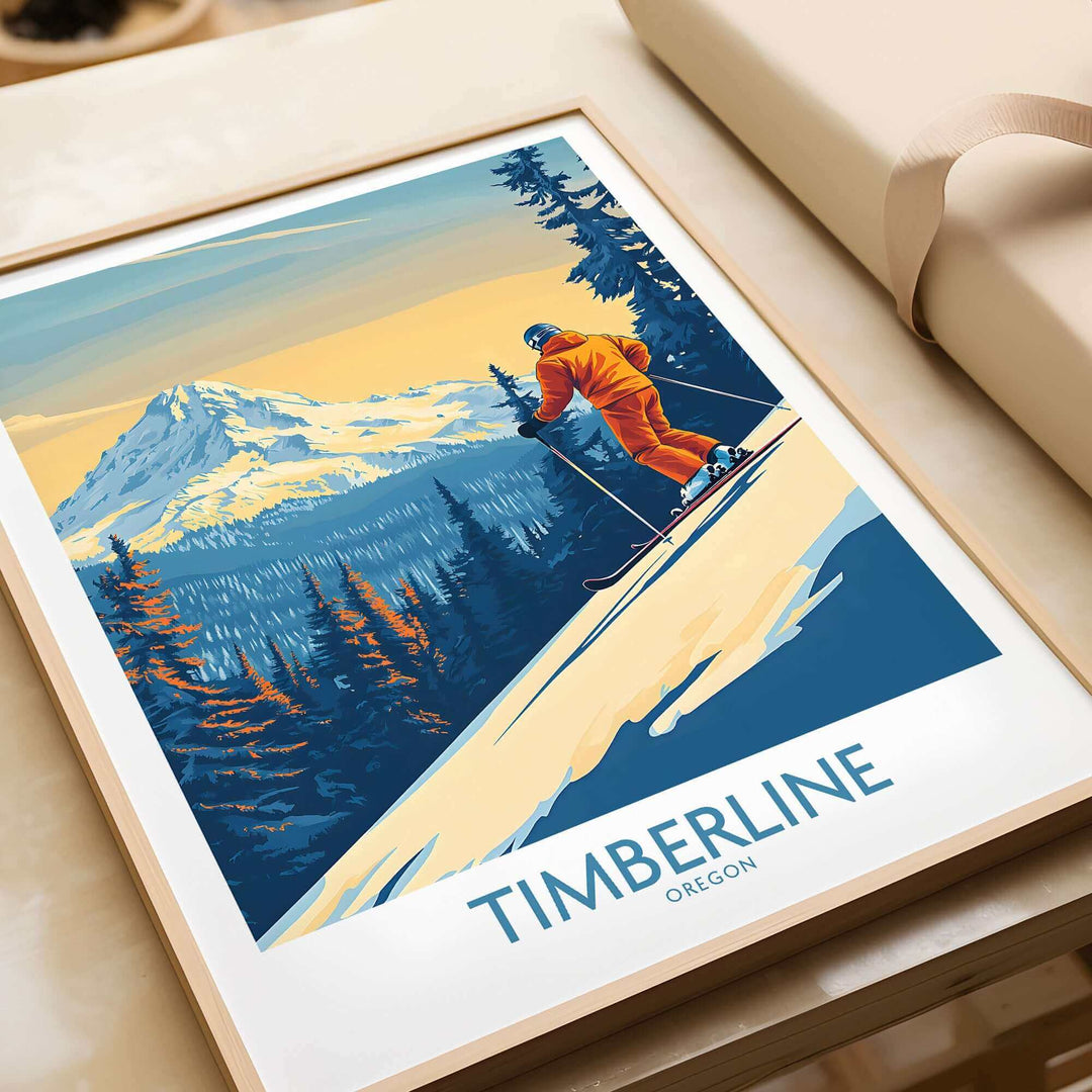 Timberline Wall Art Ski Poster featuring a skier descending a snowy mountain in Oregon, surrounded by a winter forest landscape.