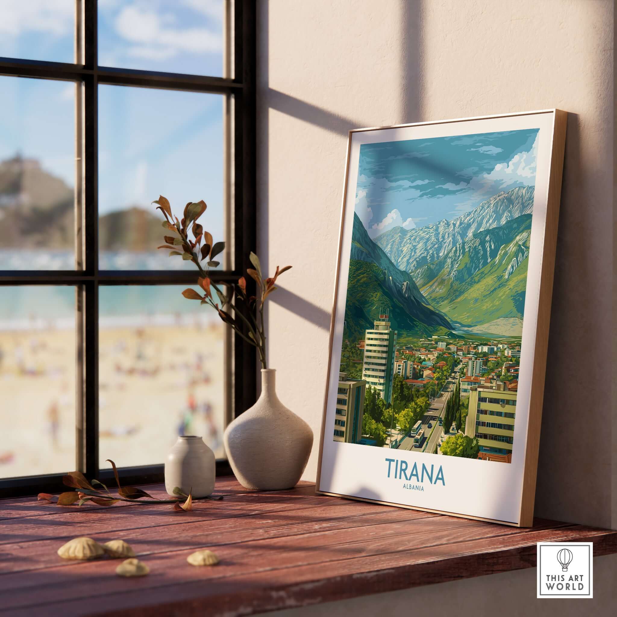 Tirana Albania Mountain City Art Print | Dajti Mountain View Poster displayed near a window with a scenic view.