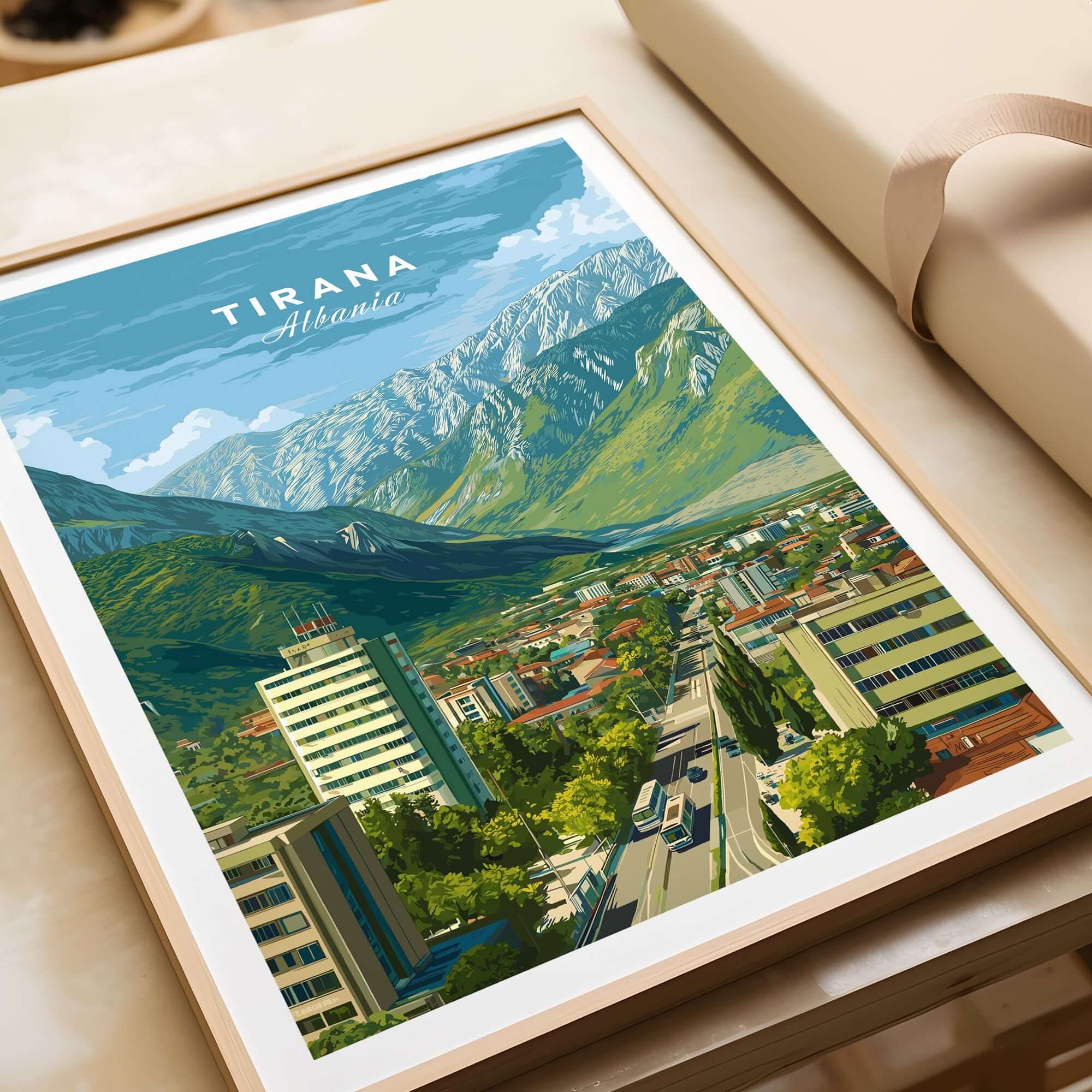 Tirana Cityscape Canvas Print | Albanian Travel Wall Decor featuring a vibrant mountain view and urban landscape.