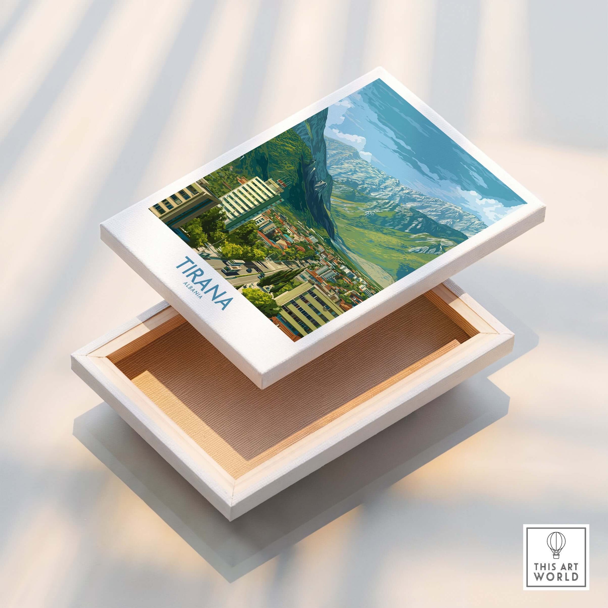 Tirana Albania Mountain City Art Print | Dajti Mountain View Poster displayed on a decorative box.