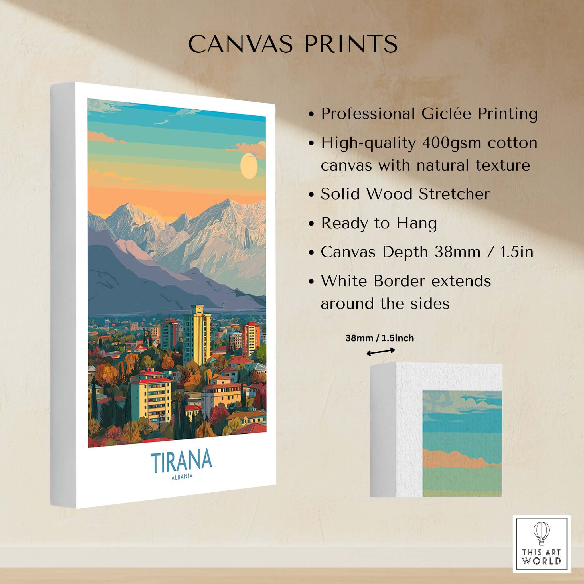 Tirana Albania Mountain Skyline Art Print | Dajti Mountain View Poster showcasing professional Giclée printing and solid wood stretcher.