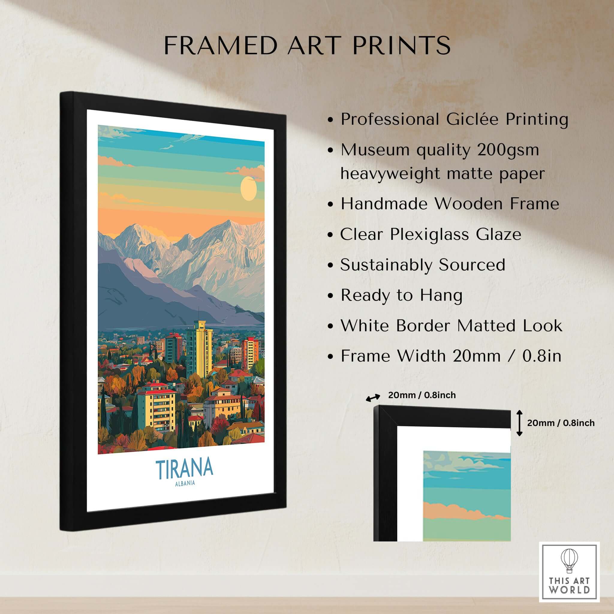 Tirana Albania Mountain Skyline Art Print | Dajti Mountain View Poster displayed in a black framed art print.