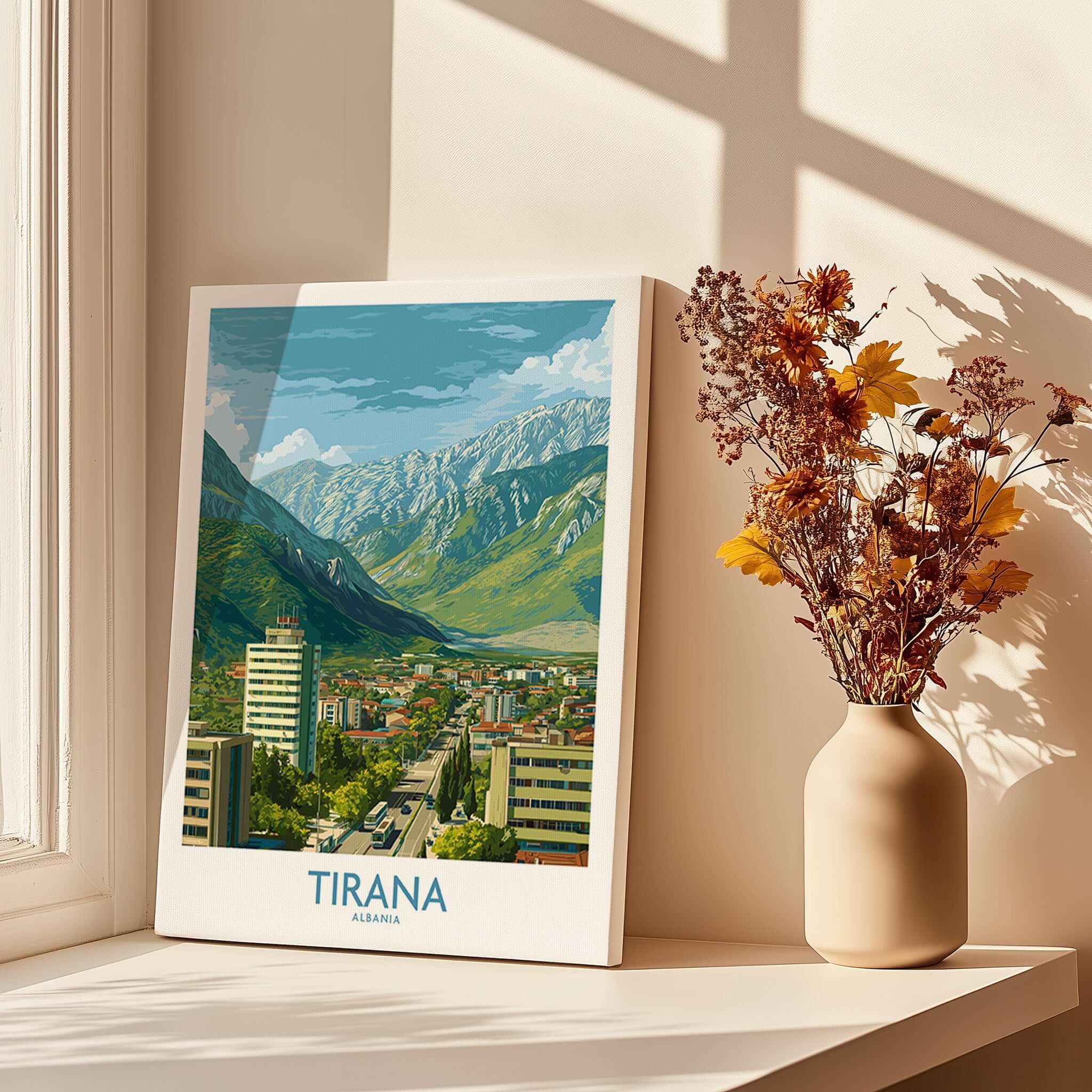 Tirana Albania Mountain City Art Print | Dajti Mountain View Poster featuring scenic landscape of Tirana.