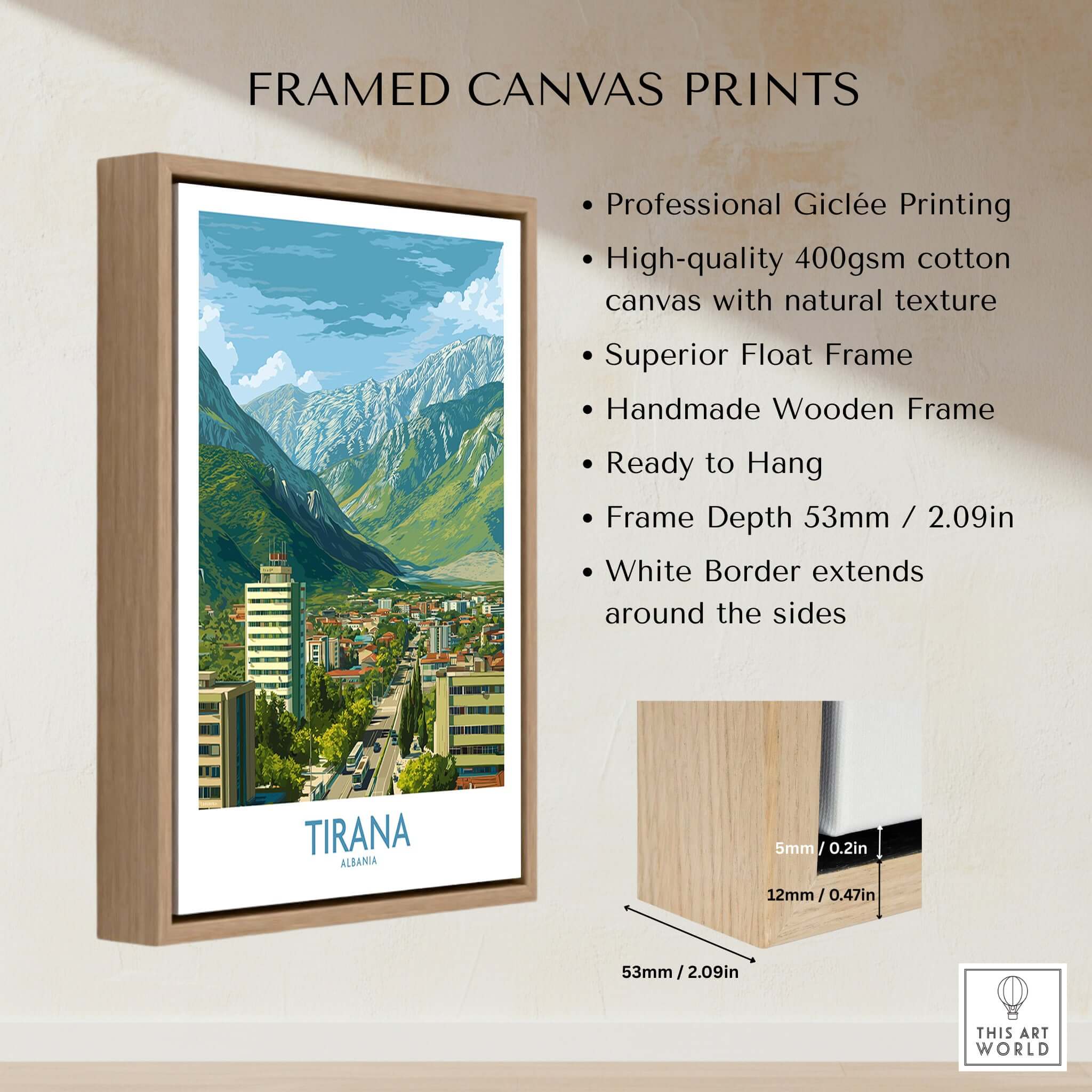 Tirana Albania Mountain City Art Print | Dajti Mountain View Poster framed canvas print with mountains and cityscape.