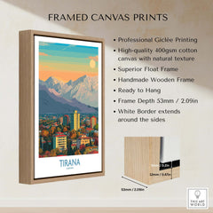 Tirana Albania Mountain Skyline Art Print | Dajti Mountain View Poster framed in a wooden float frame with white border.