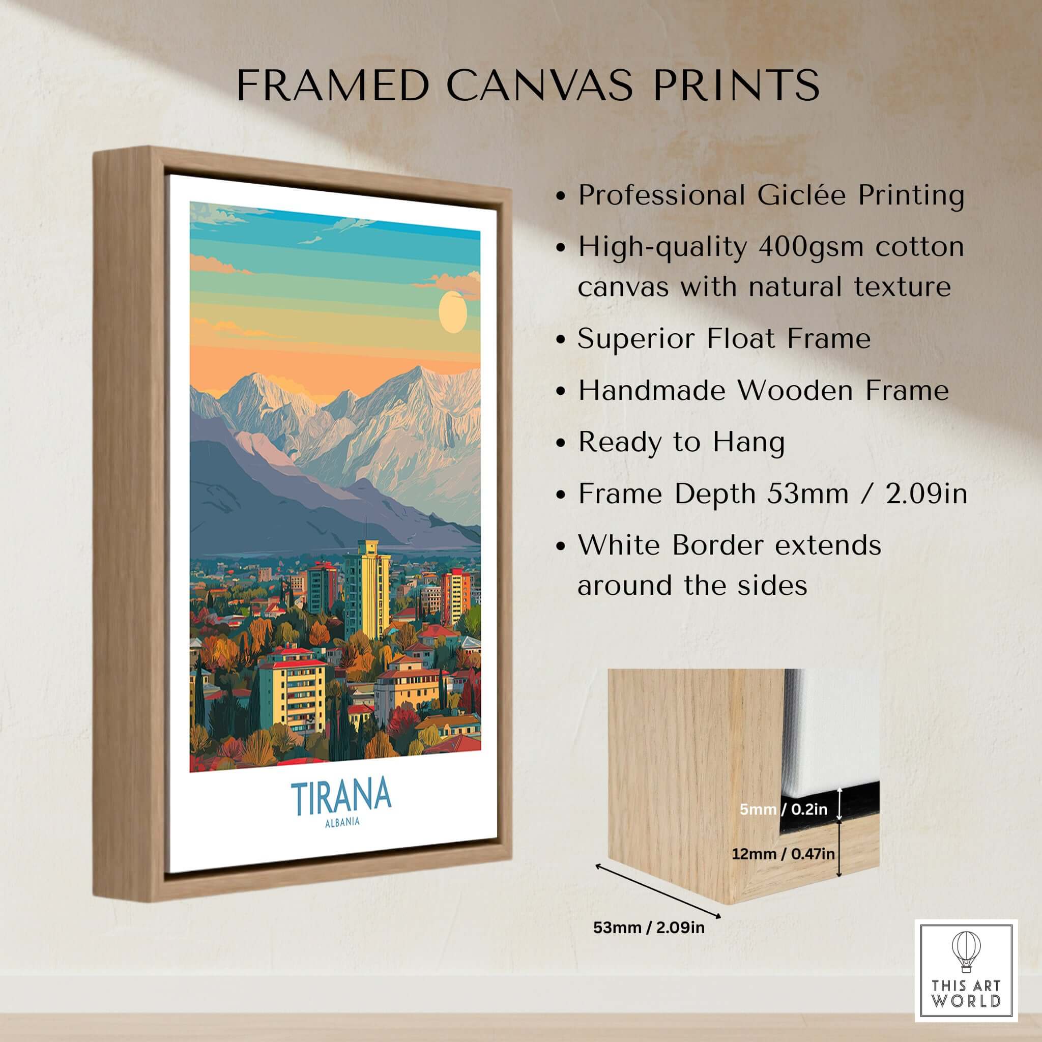 Tirana Albania Mountain Skyline Art Print | Dajti Mountain View Poster framed in a wooden float frame with white border.