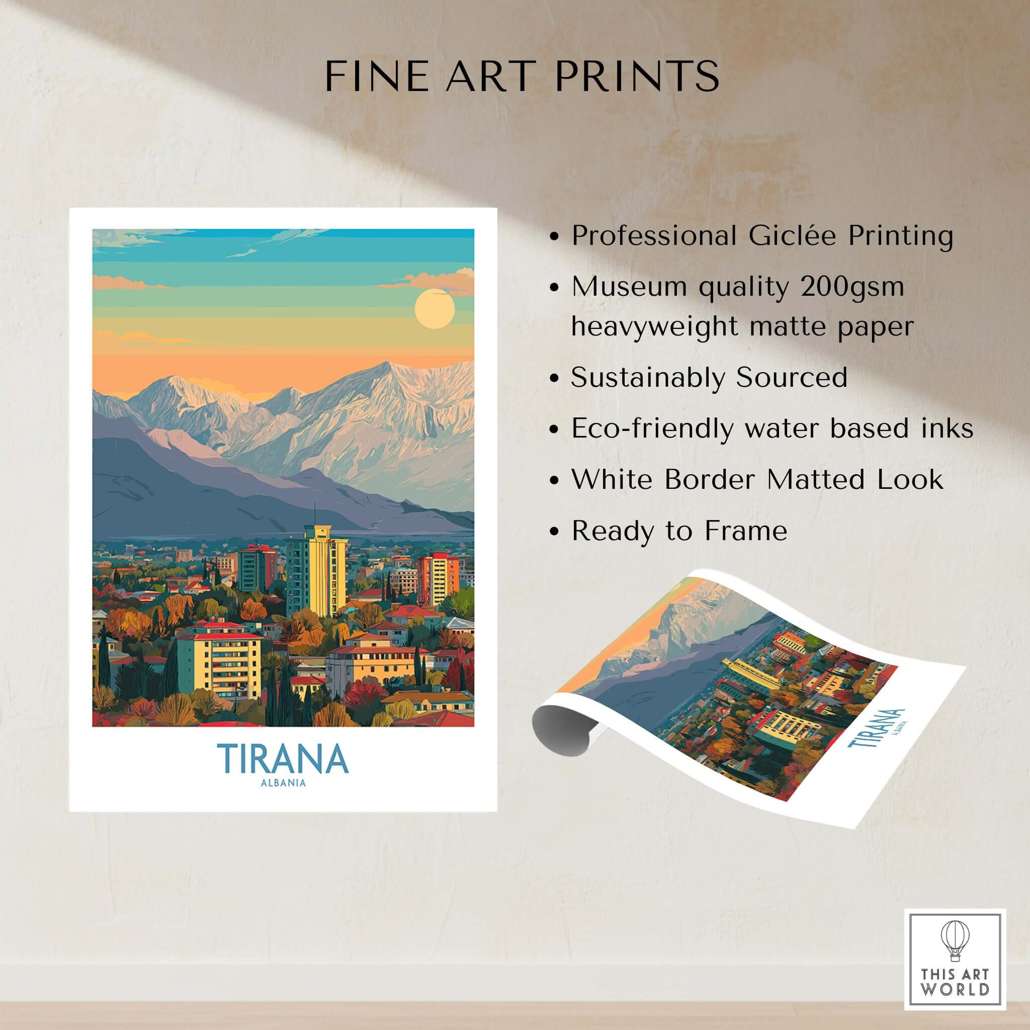 Tirana Albania Mountain Skyline Art Print | Dajti Mountain View Poster, featuring professional Giclée printing on heavyweight matte paper.