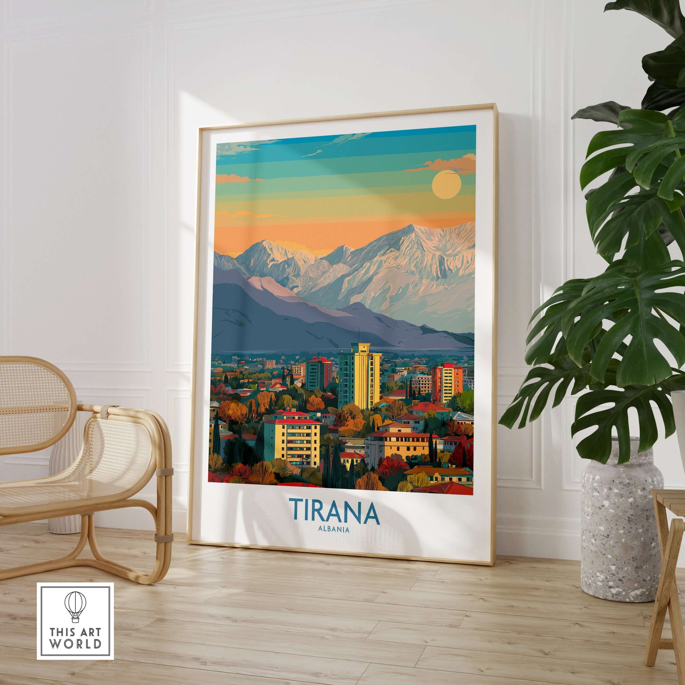 Tirana Albania Mountain Skyline Art Print | Dajti Mountain View Poster displayed in a modern home decor setting.