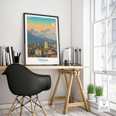 Tirana Albania Mountain Skyline Art Print | Dajti Mountain View Poster displayed in a modern office setting.