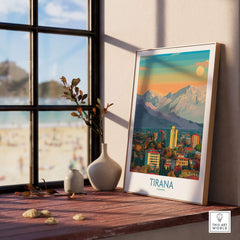 Tirana Albania Mountain Skyline Art Print | Dajti Mountain View Poster displayed in a sunlit room with a natural view.