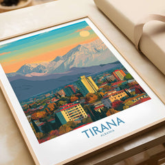 Tirana Albania Mountain Skyline Art Print | Dajti Mountain View Poster displayed in a stylish frame.