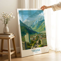 Tirana Albania Mountain City Art Print | Dajti Mountain View Poster showcasing a vibrant city against mountainous backdrop.