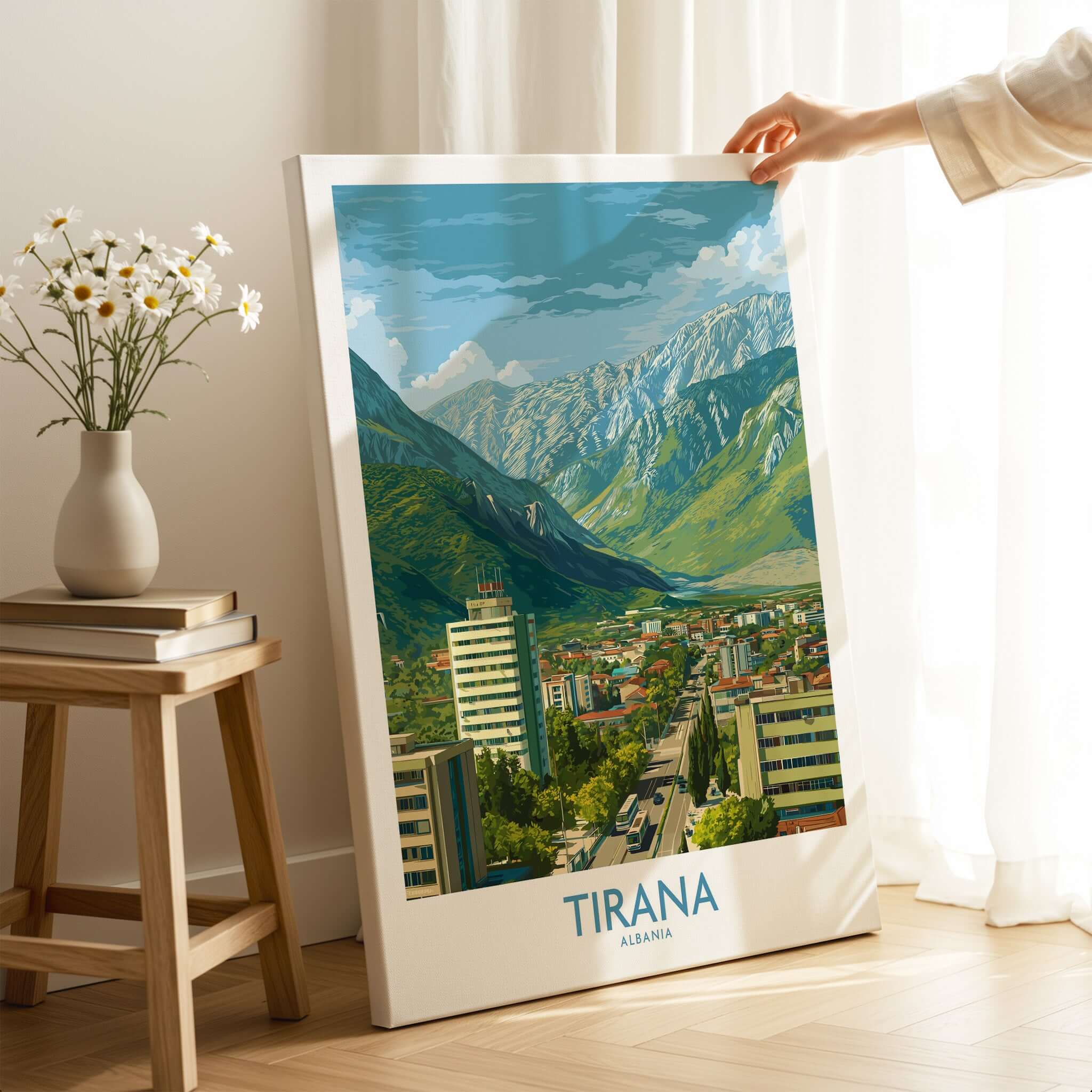 Tirana Albania Mountain City Art Print | Dajti Mountain View Poster showcasing a vibrant city against mountainous backdrop.