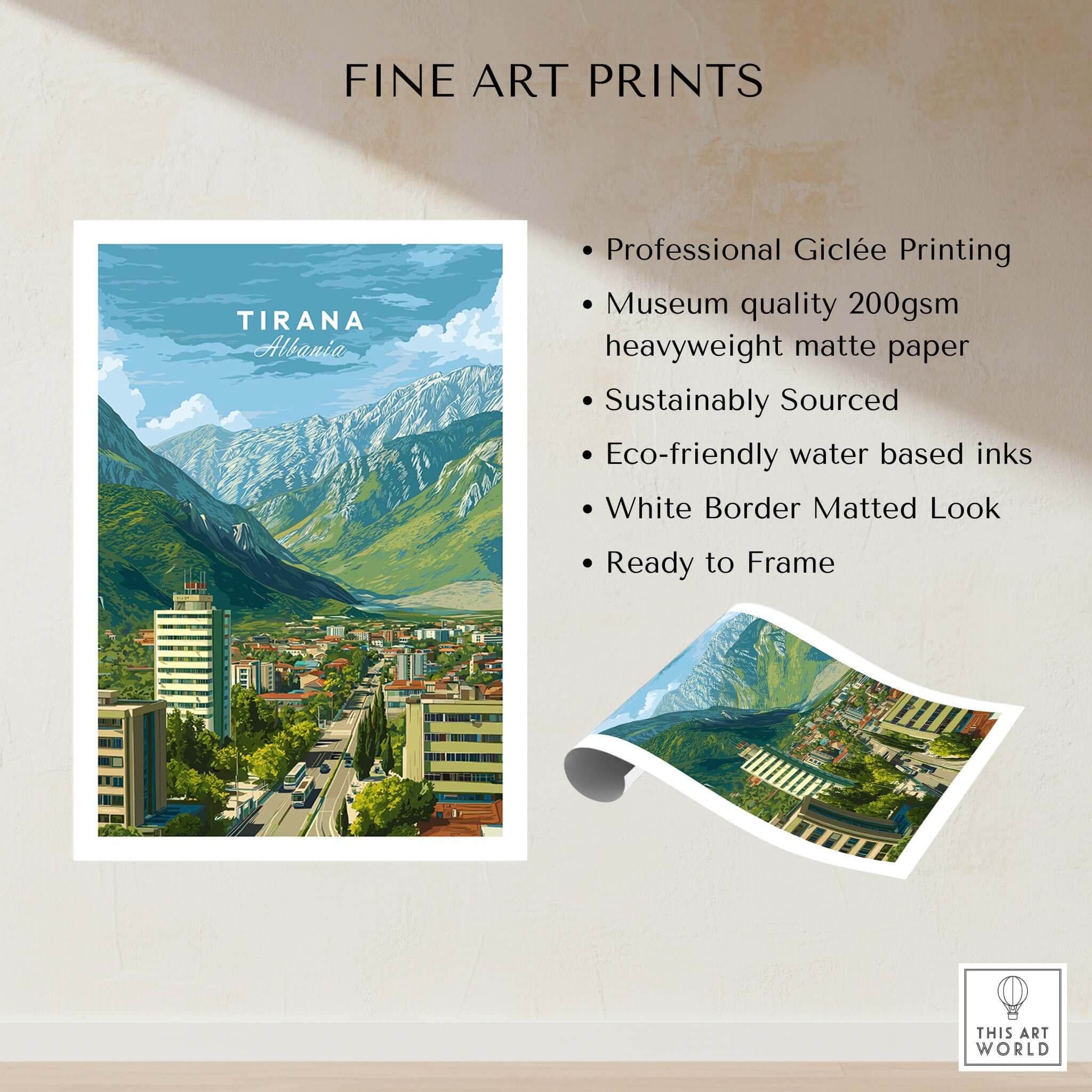 Tirana Cityscape Canvas Print | Albanian Travel Wall Decor showcasing professional Giclée printing and stunning mountain views.