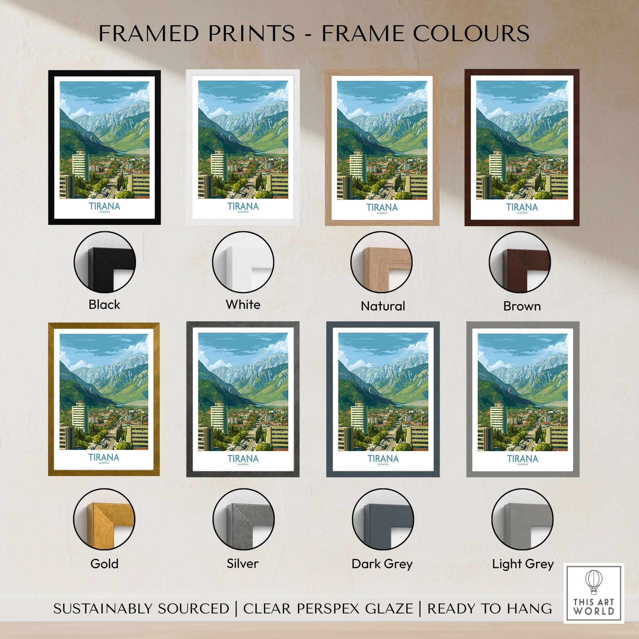 Tirana Albania Mountain City Art Print | Dajti Mountain View Poster framed in various colors.