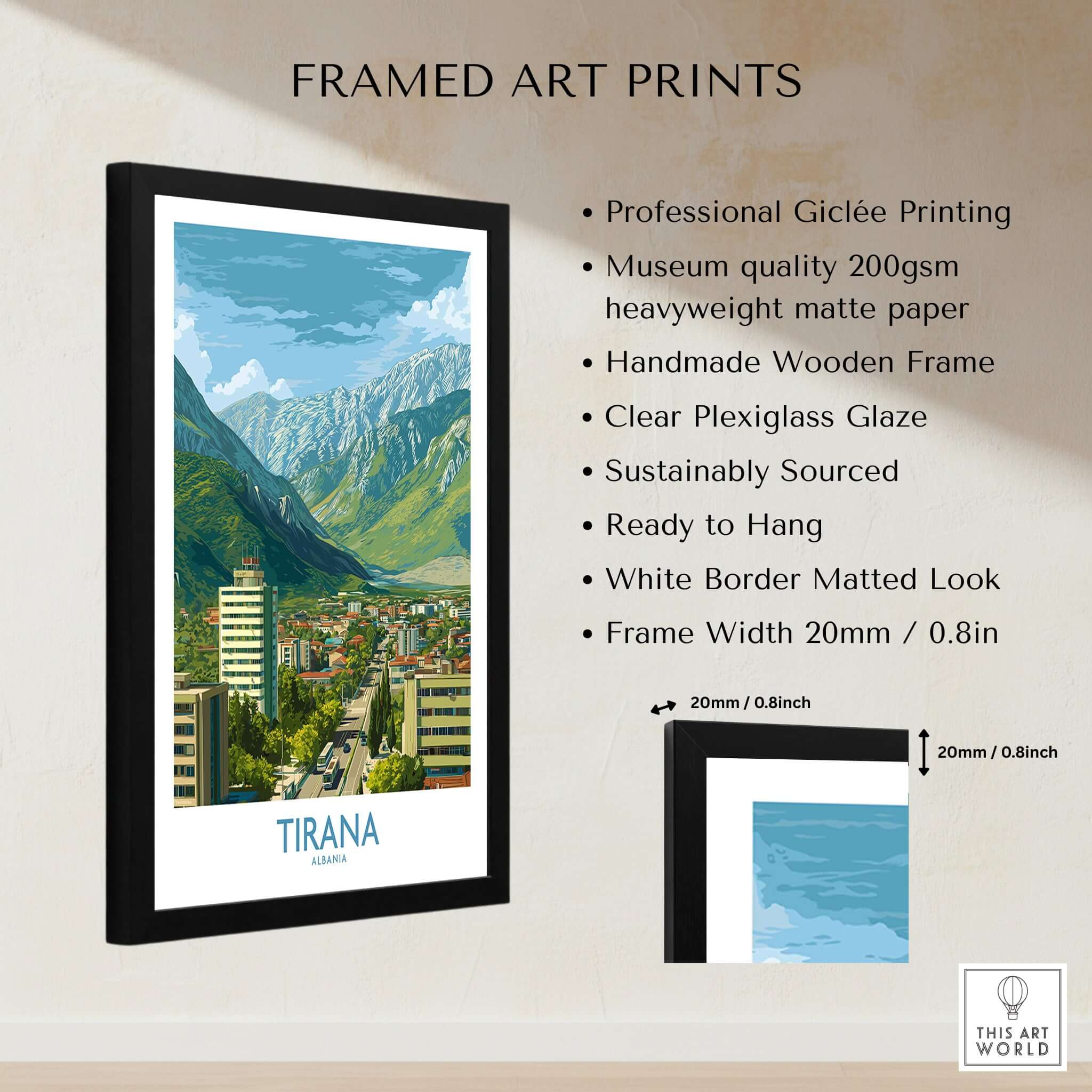 Tirana Albania Mountain City Art Print | Dajti Mountain View Poster framed print showcasing urban and natural beauty.