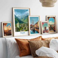 Tirana Albania Mountain City Art Print | Dajti Mountain View Poster displayed with other city art prints on a couch.
