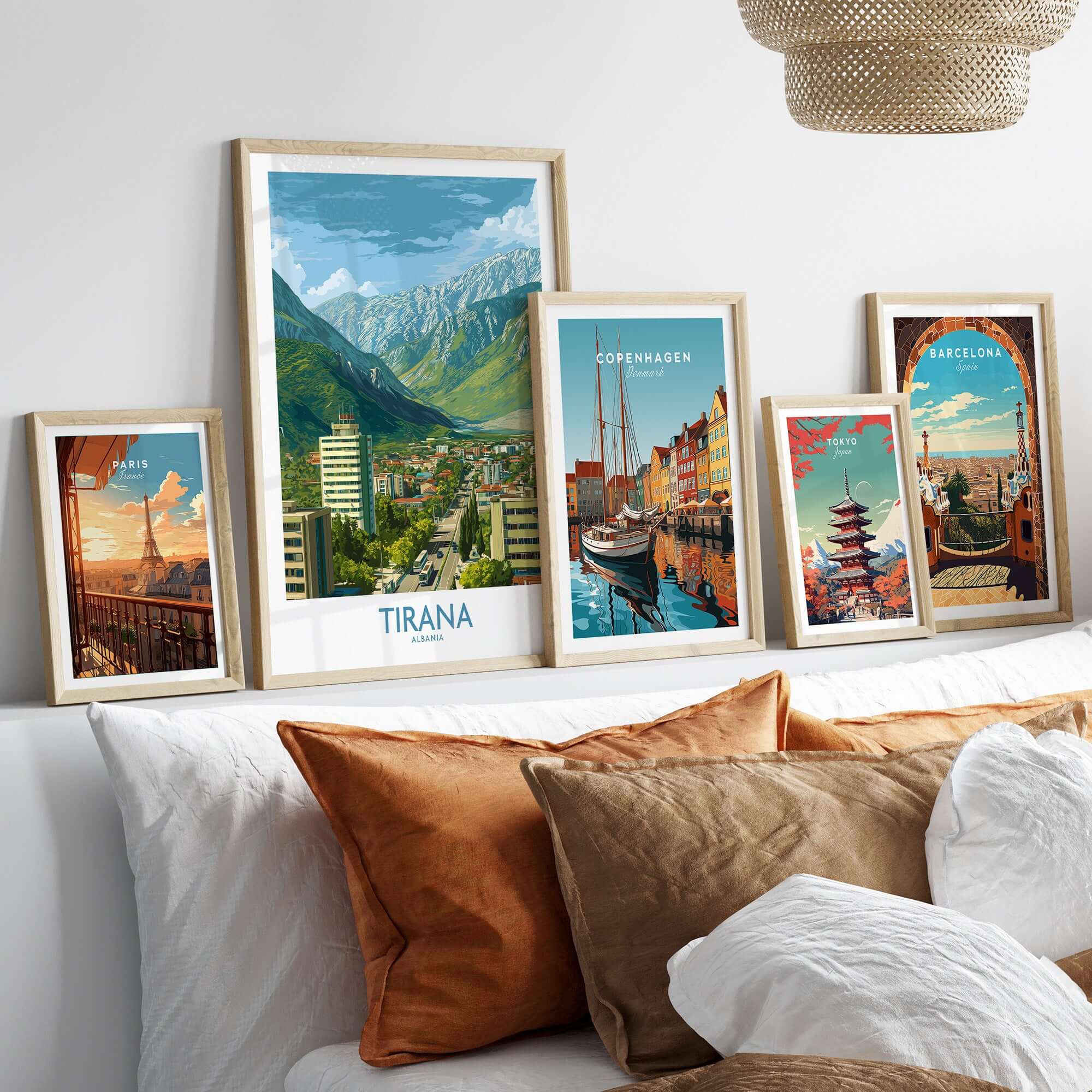 Tirana Albania Mountain City Art Print | Dajti Mountain View Poster displayed with other city art prints on a couch.