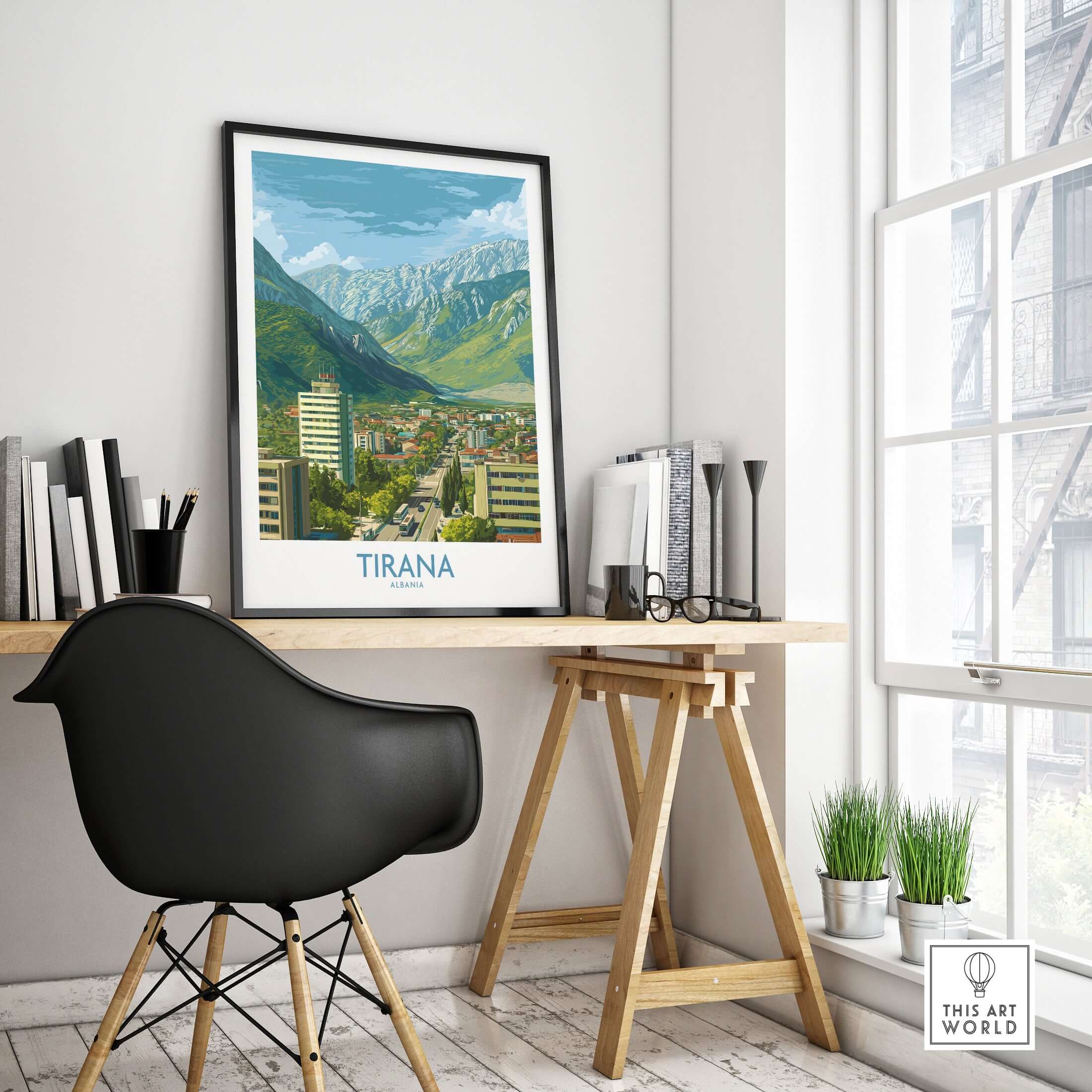 Tirana Albania Mountain City Art Print | Dajti Mountain View Poster displayed in a modern workspace.