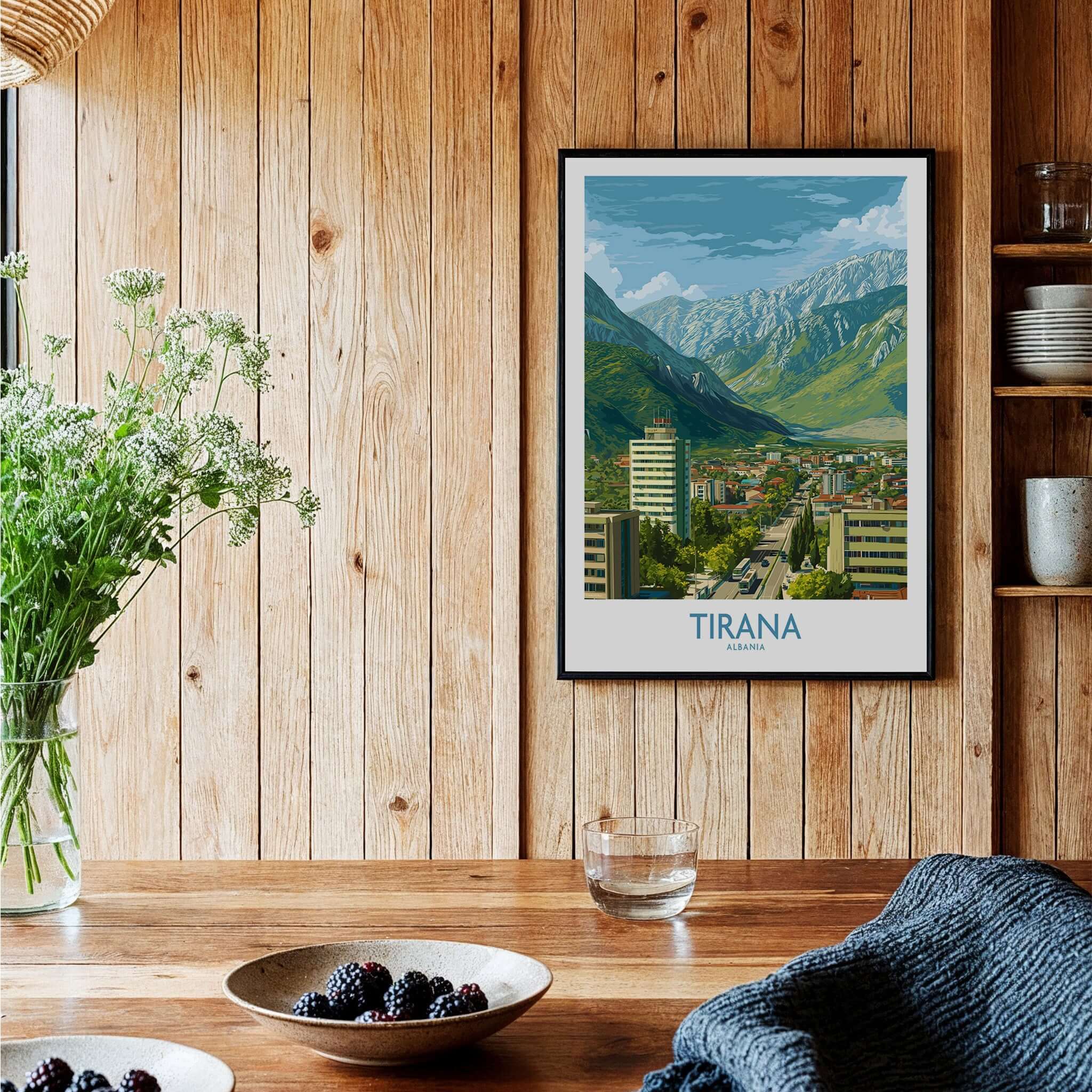 Tirana Albania Mountain City Art Print | Dajti Mountain View Poster displayed in a stylish interior setting.