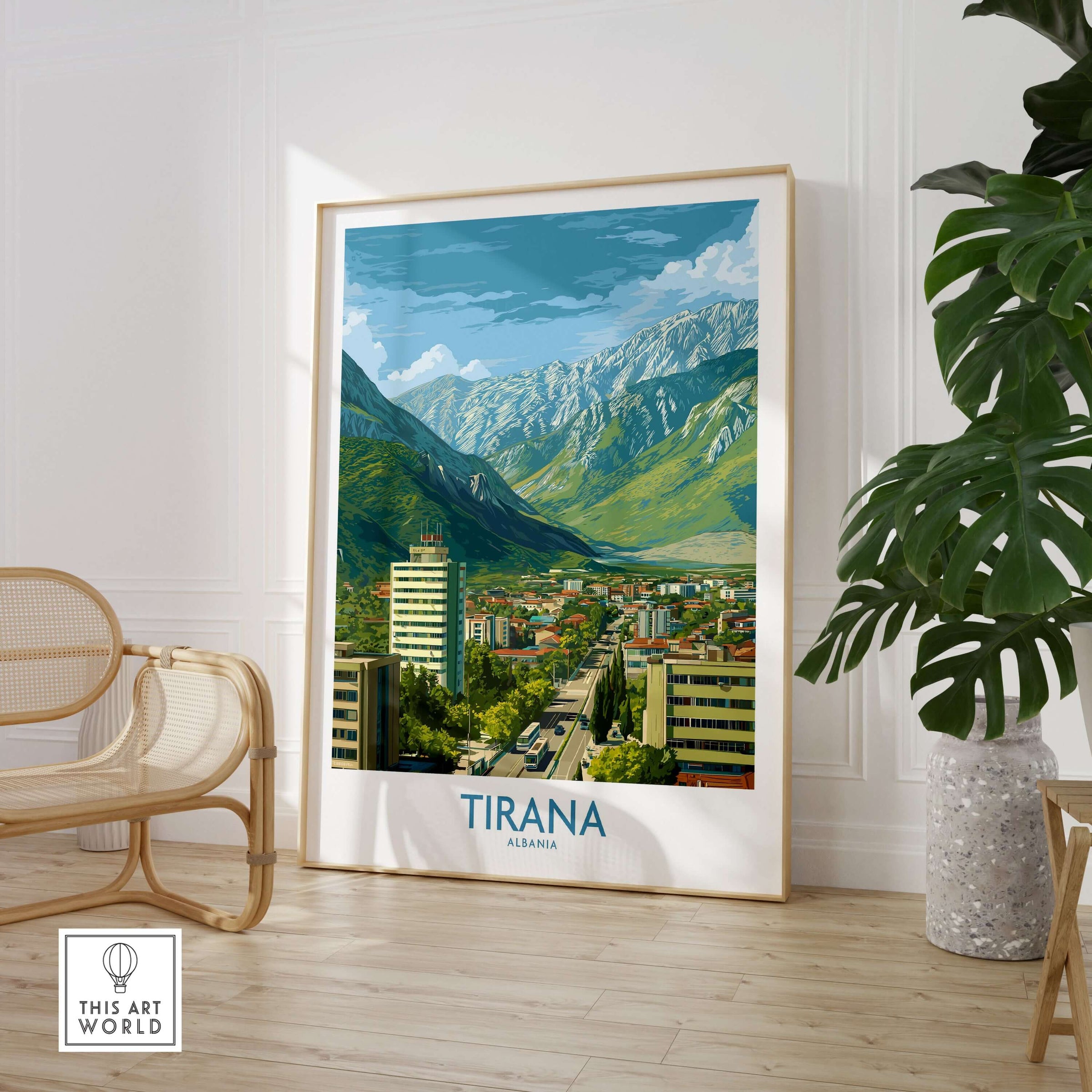 Tirana Albania Mountain City Art Print | Dajti Mountain View Poster featuring cityscape and mountains.