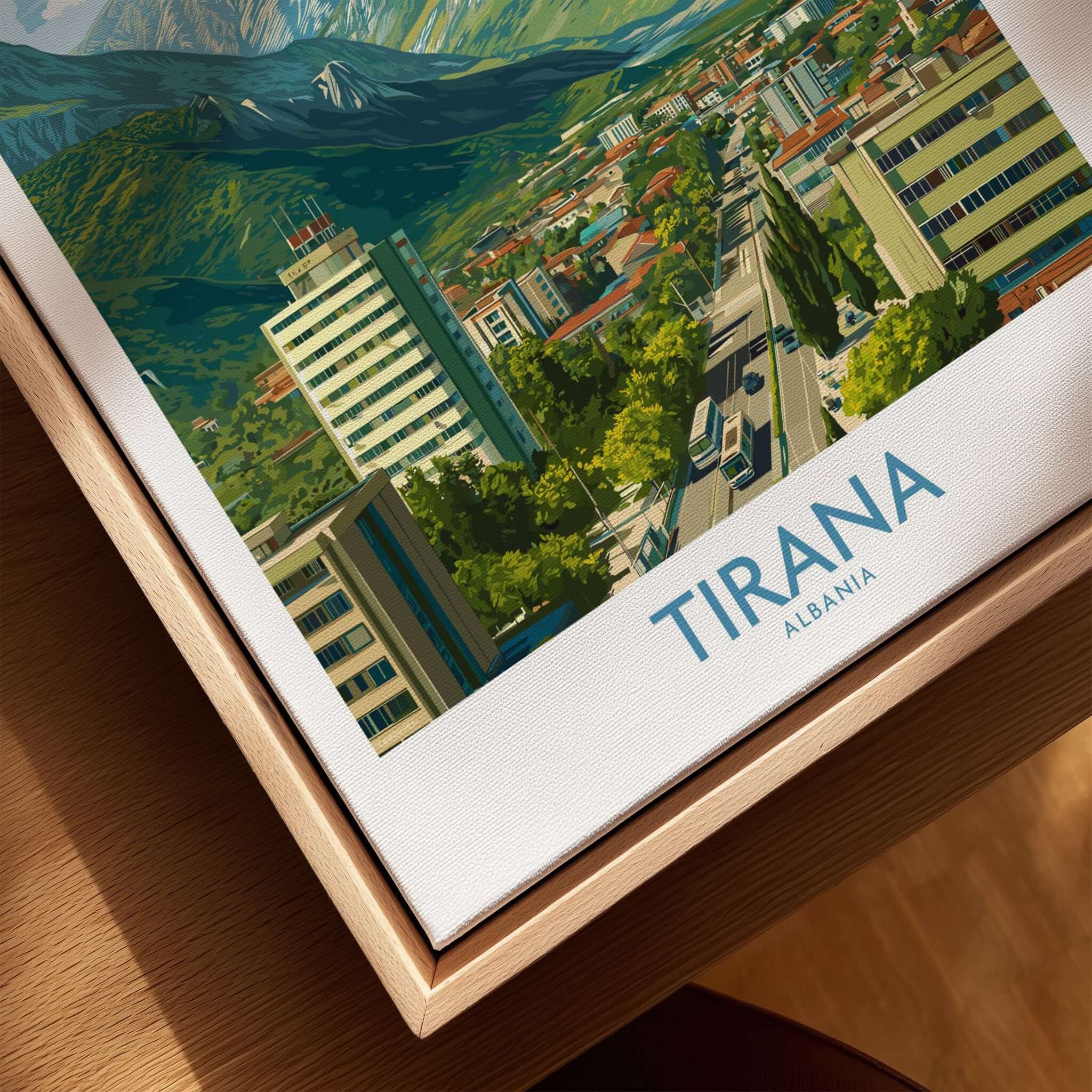 Tirana Albania Mountain City Art Print | Dajti Mountain View Poster showcasing a vibrant aerial view of Tirana city.