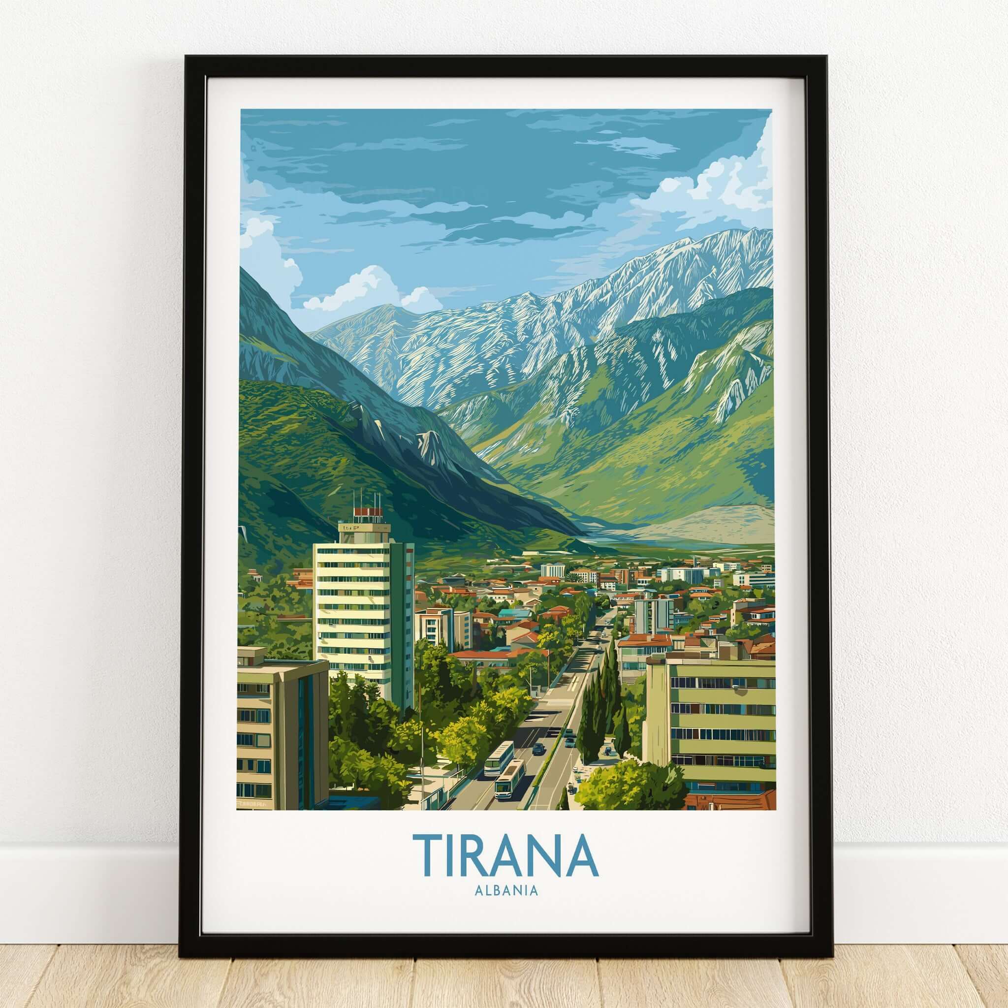 Tirana Albania Mountain City Art Print | Dajti Mountain View Poster showcasing urban life and mountains.