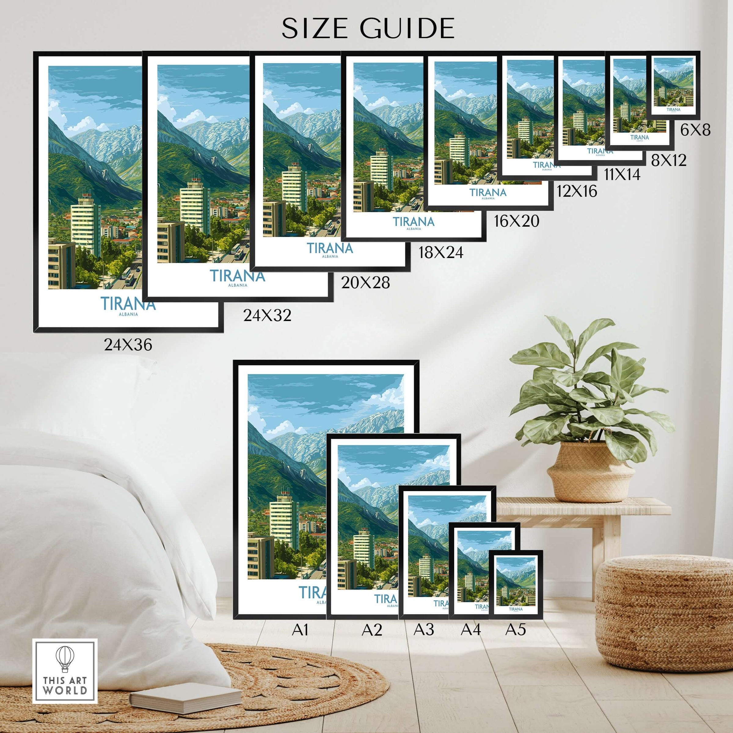Tirana Albania Mountain City Art Print | Dajti Mountain View Poster size guide showcasing multiple frame options.