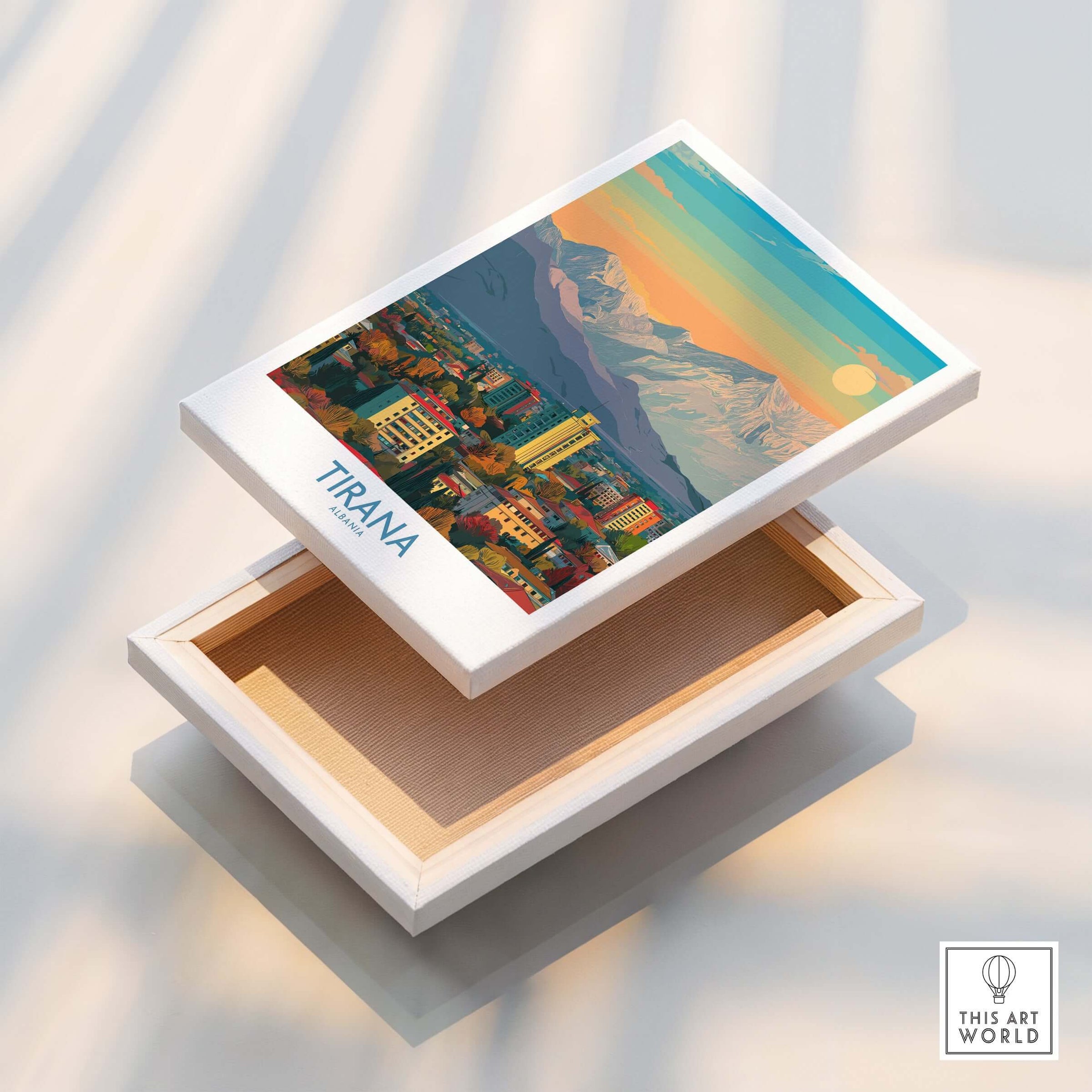 Tirana Albania Mountain Skyline Art Print | Dajti Mountain View Poster displayed on a box, showcasing stunning landscape design.