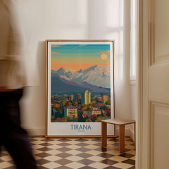 Tirana Albania Mountain Skyline Art Print | Dajti Mountain View Poster displayed in a cozy interior setting.