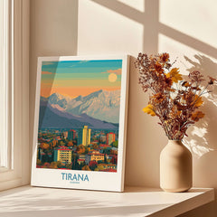 Tirana Albania Mountain Skyline Art Print | Dajti Mountain View Poster displayed in a bright room with flowers.