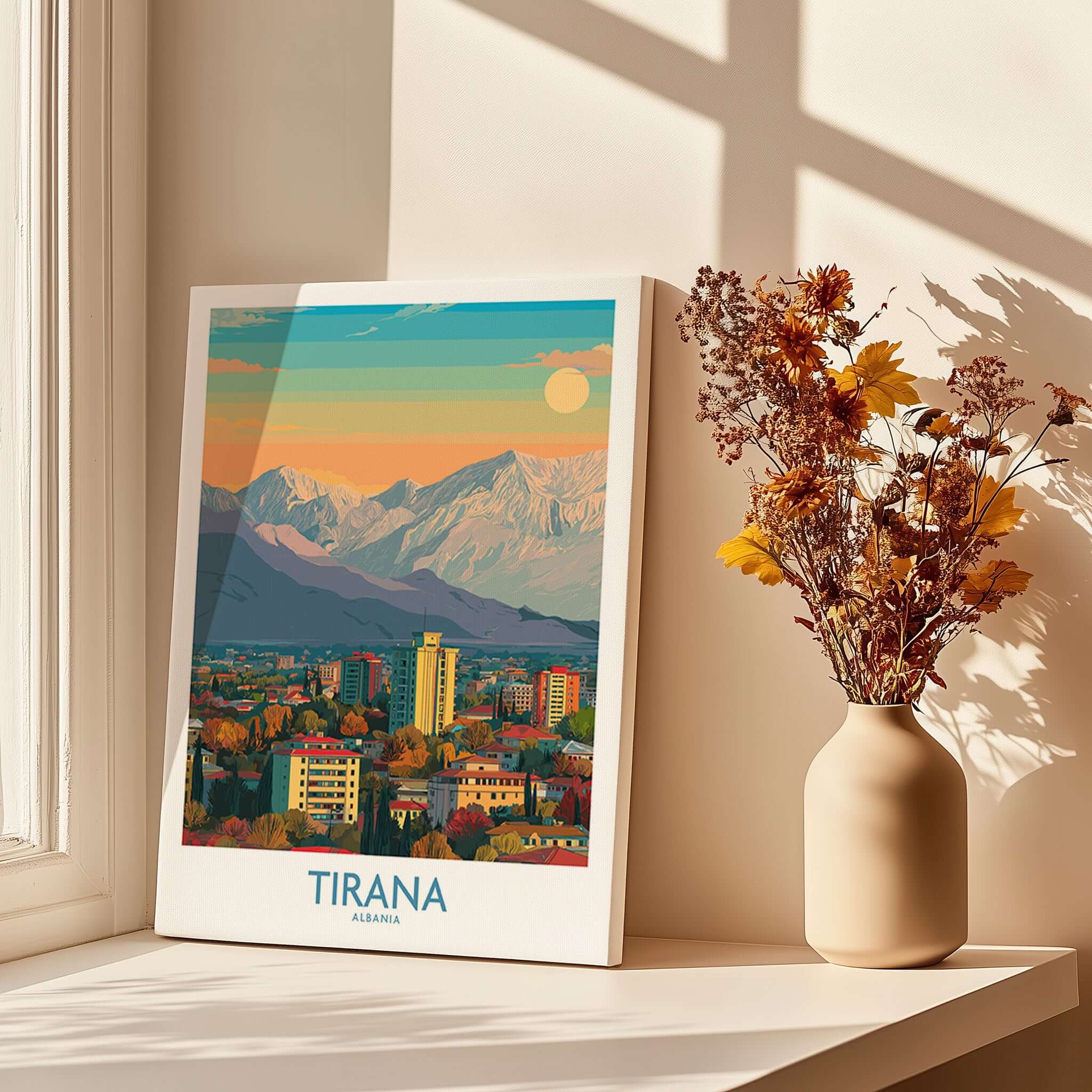 Tirana Albania Mountain Skyline Art Print | Dajti Mountain View Poster displayed in a bright room with flowers.