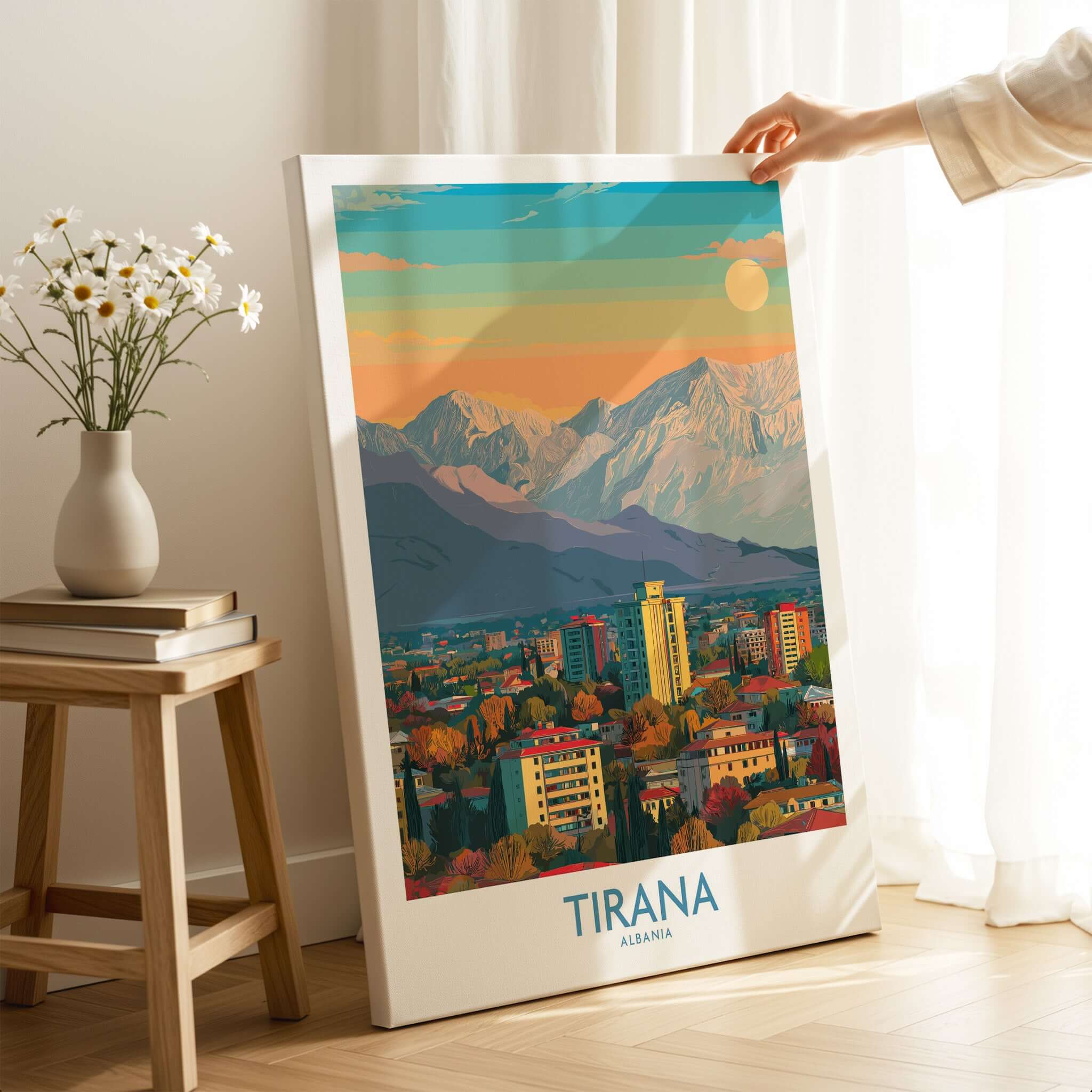 Tirana Albania Mountain Skyline Art Print | Dajti Mountain View Poster showcased in a cozy room setting.