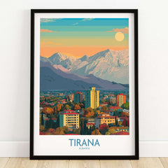 Tirana Albania Mountain Skyline Art Print | Dajti Mountain View Poster showcasing a colorful skyline and mountains.